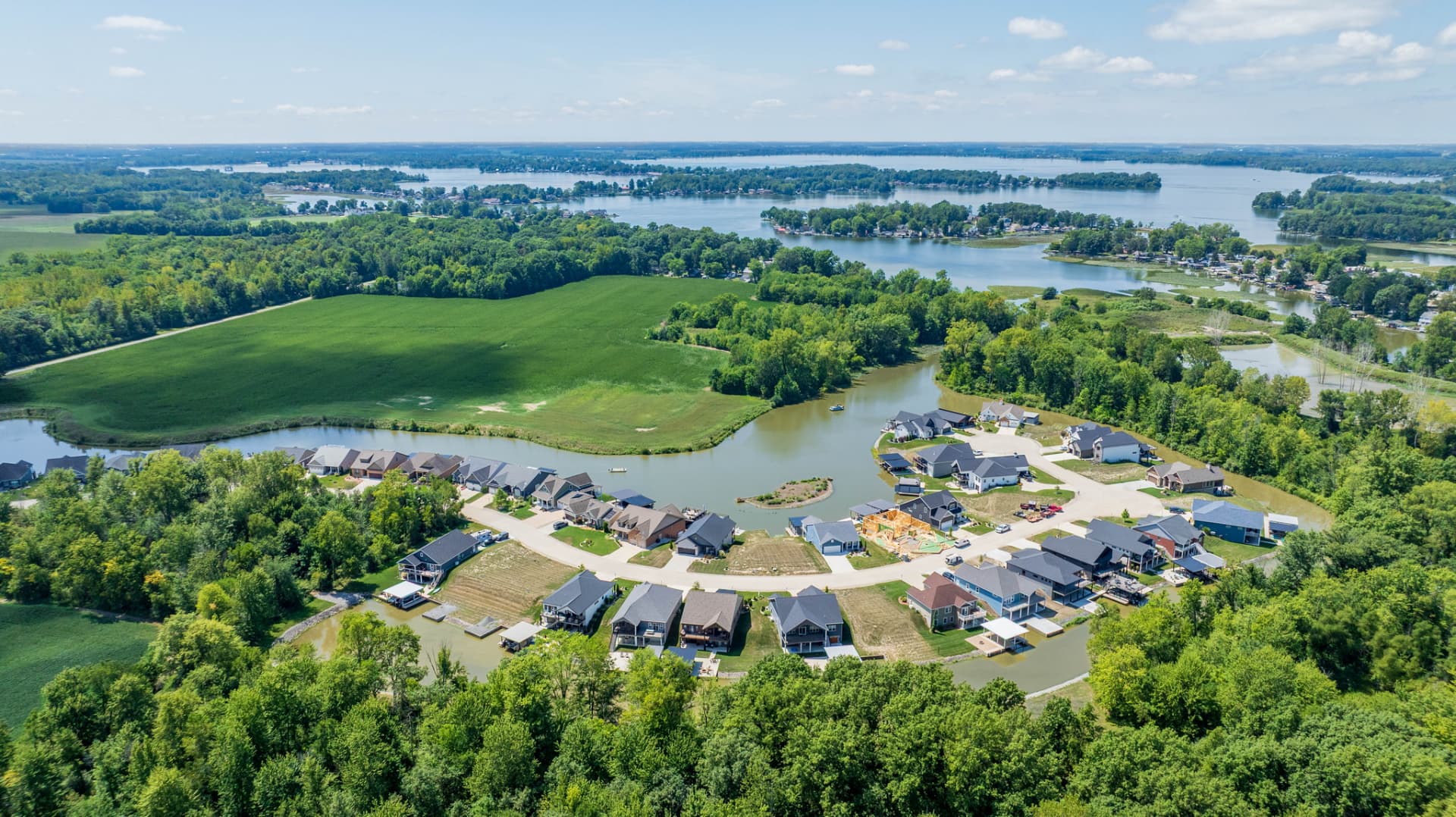 Aerial view of the Longview Cove community on the water at Indian Lake, Ohio