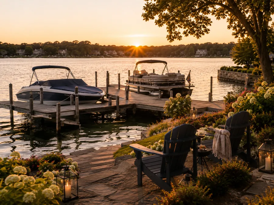 Boats moored beside a quiet waterfront at sunset.